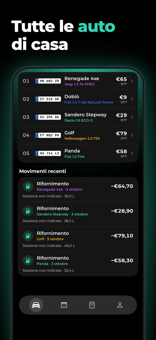 Scheda Veicoli di CostoAuto con più auto, ognuna con il suo colore e la sua targa, e la spesa del mese.