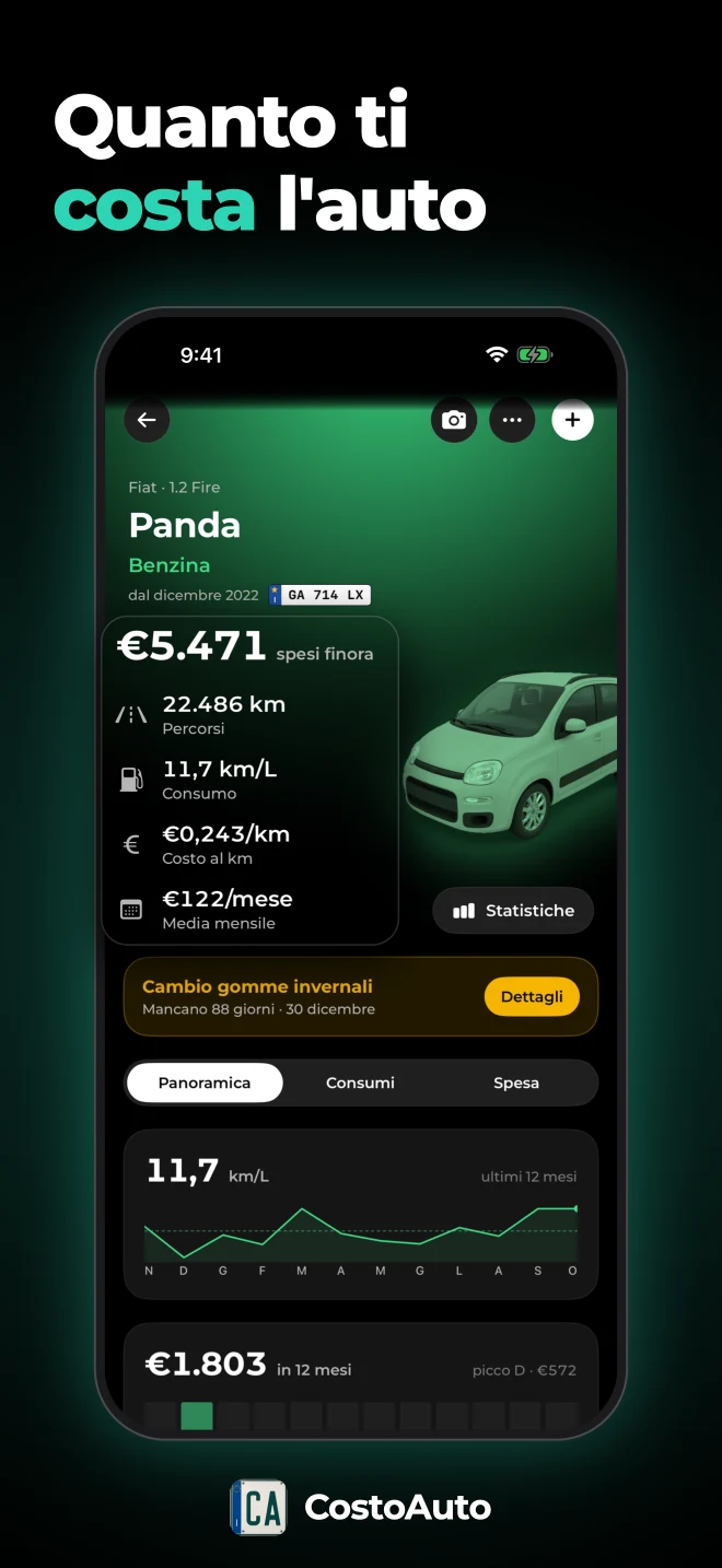 Pagina di un veicolo in CostoAuto, scheda Panoramica: spesa totale, chilometri, consumo in km/L, costo al km e media mensile.